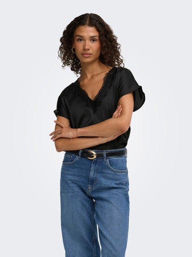 JDY Fifi Short Sleeve V-Neck Top | Black 153835307