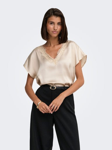 JDY Fifi Short Sleeve V-Neck Top | Pumice Stone 153835307