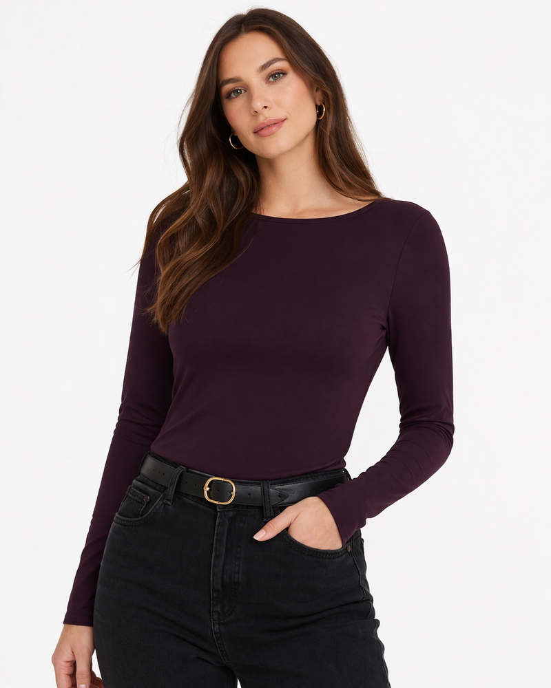 ONLY  Lea Long Sleeve 2-Way Deep Neck Top | Wine