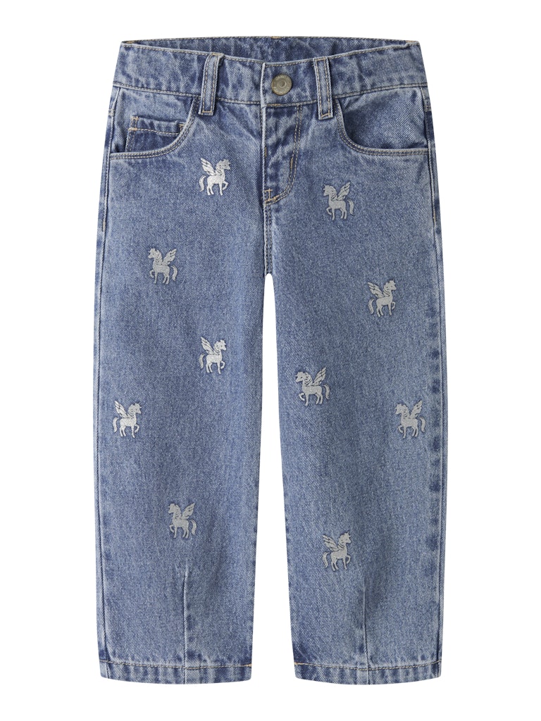Name It Bella MinI Barrel Fit Glitter Print Jeans | Med Blue