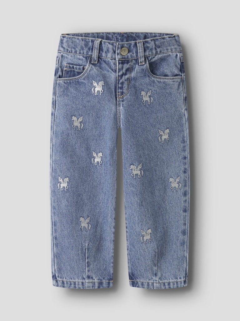 Name It Bella MinI Barrel Fit Glitter Print Jeans | Med Blue