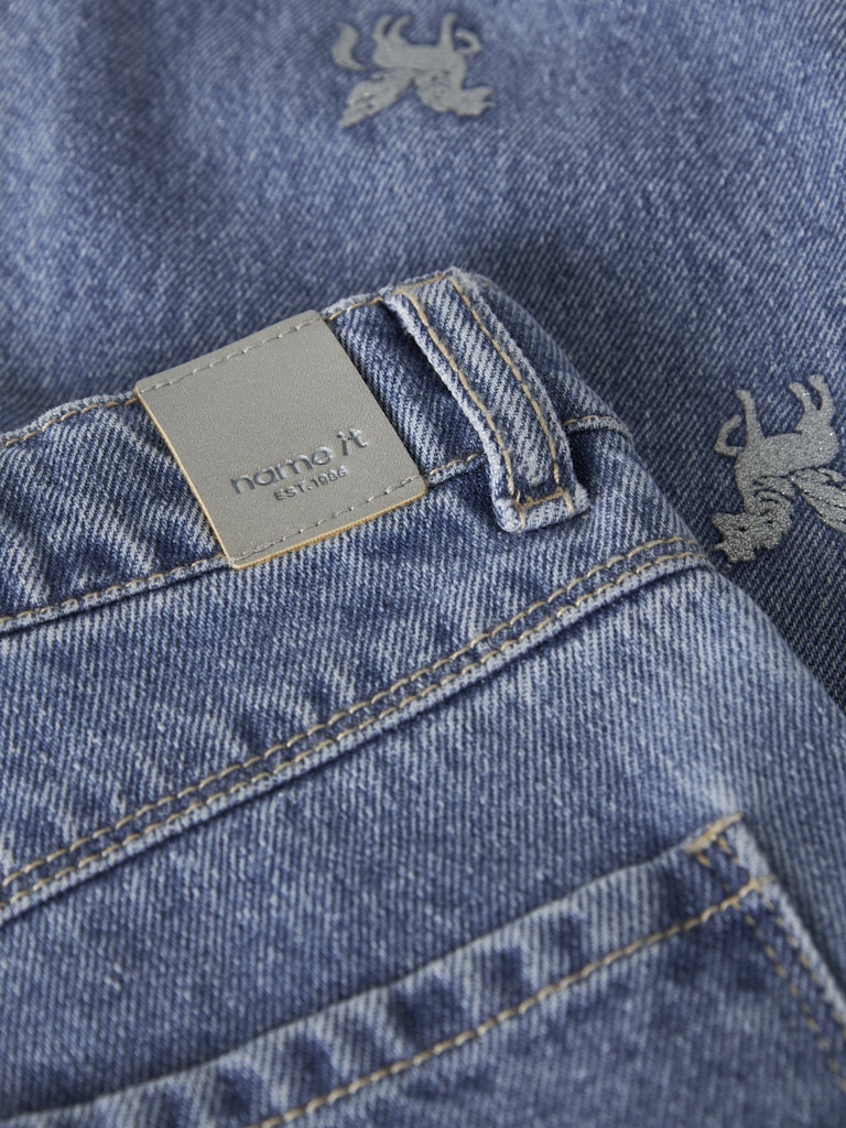 Name It Bella MinI Barrel Fit Glitter Print Jeans | Med Blue