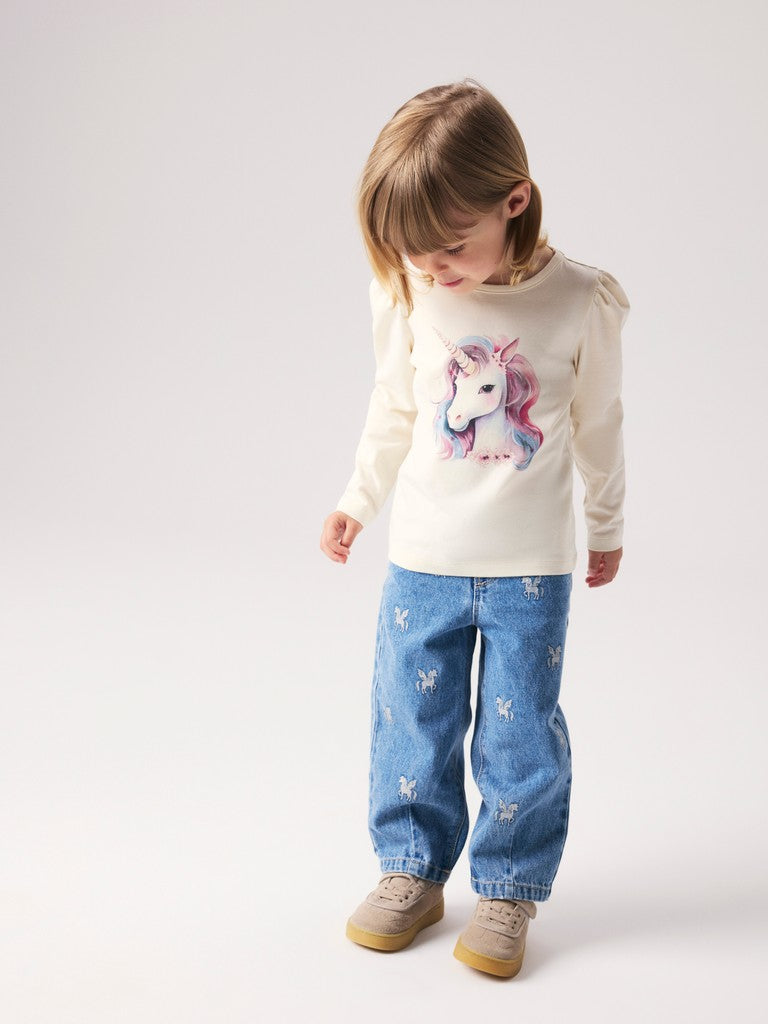 Name It Bella MinI Barrel Fit Glitter Print Jeans | Med Blue