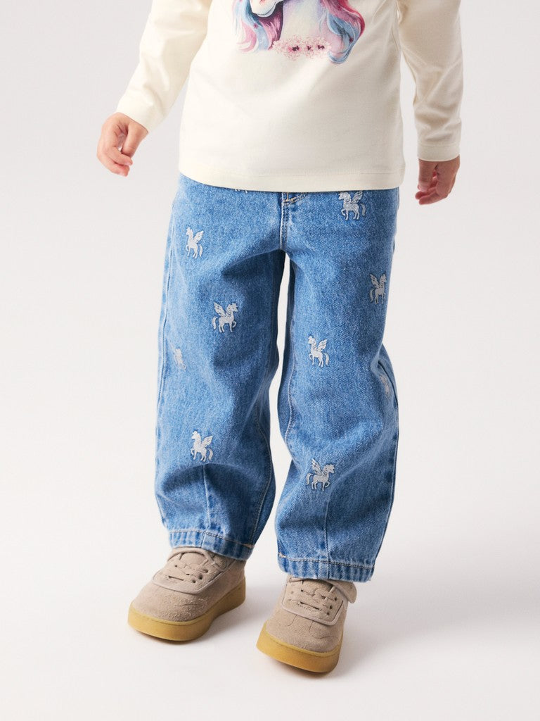 Name It Bella MinI Barrel Fit Glitter Print Jeans | Med Blue