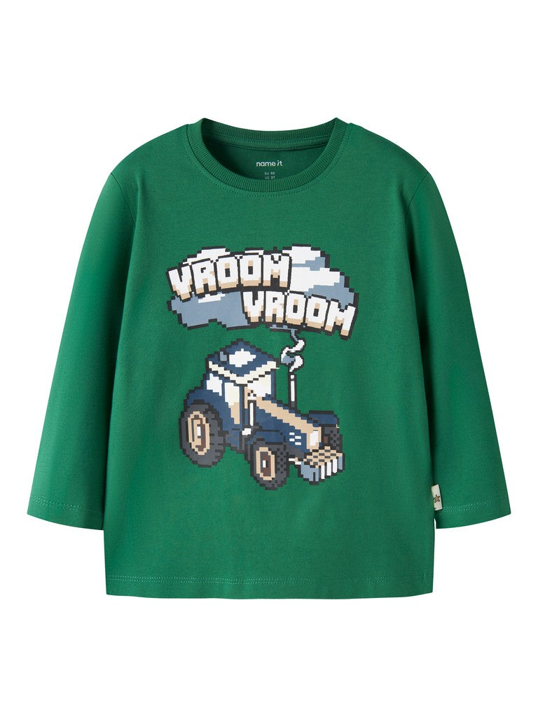 Name It Boys Vroom Vroom Tractor Long Sleeve Top - front view on model