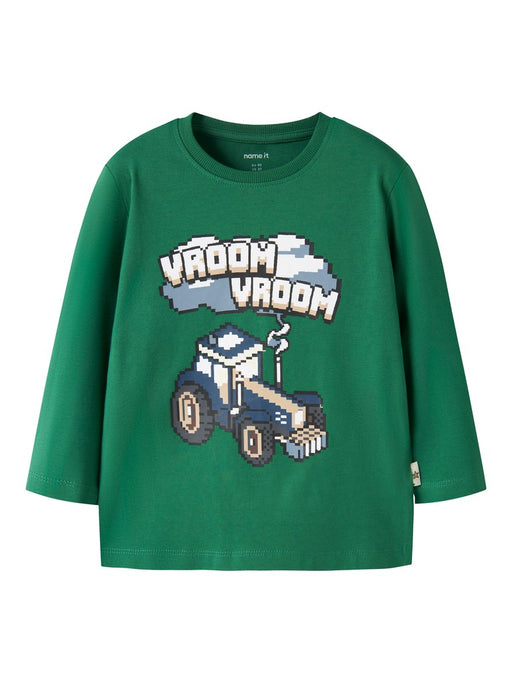 Name It Boys Vroom Vroom Tractor Long Sleeve Top - front view on model