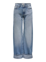ONLY wide leg cuffed jeans in light blue denim - front flat view