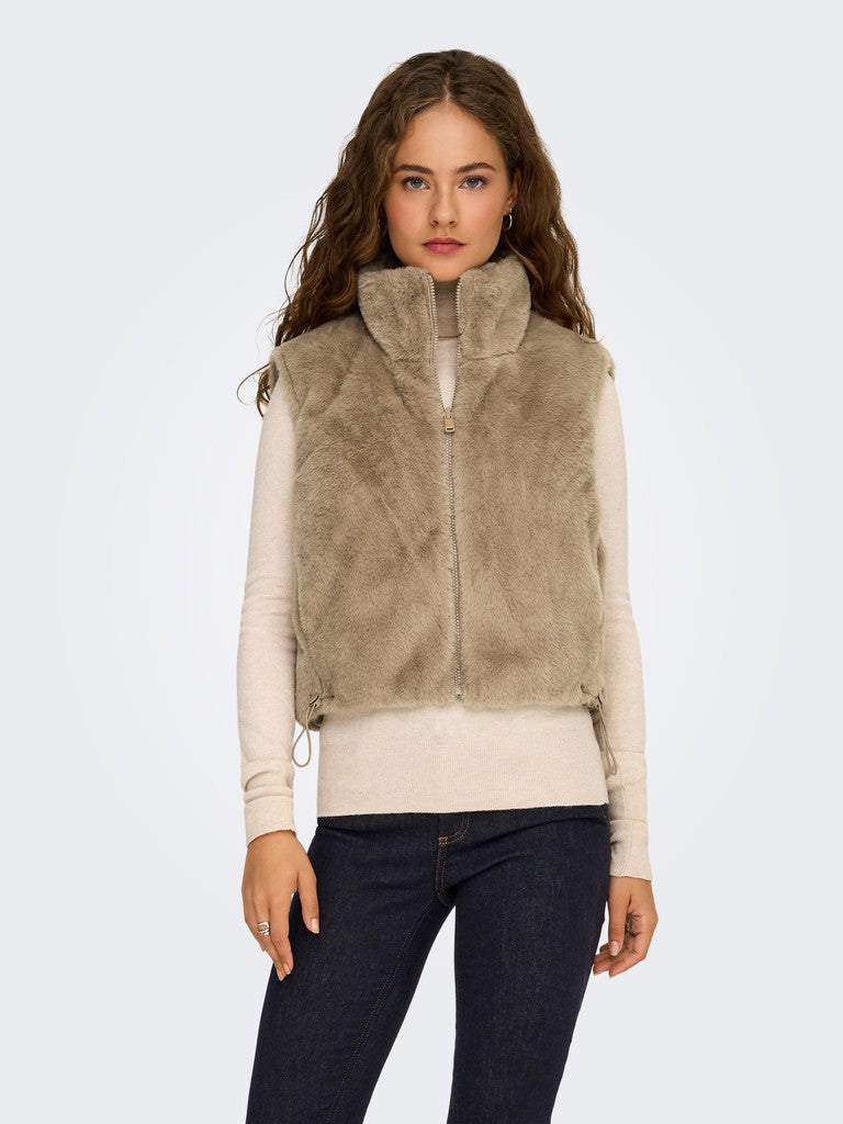 ONLY Dana Faux Fur Reversible Waist Coat | Silver Mink