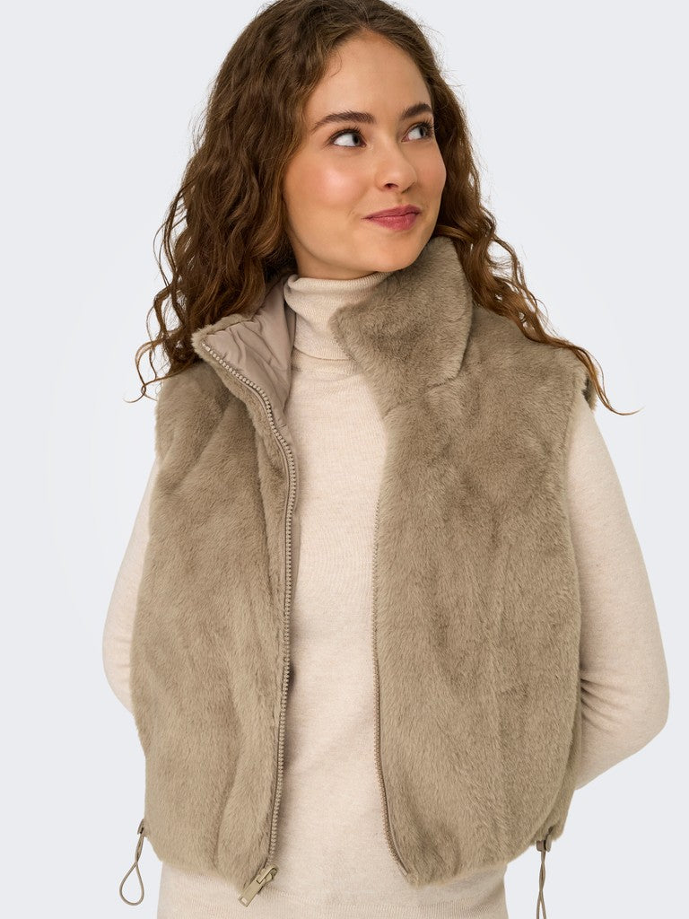 ONLY Dana Faux Fur Reversible Waist Coat | Silver Mink