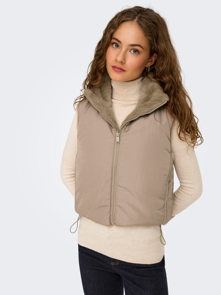 ONLY Dana Faux Fur Reversible Waist Coat | Silver Mink