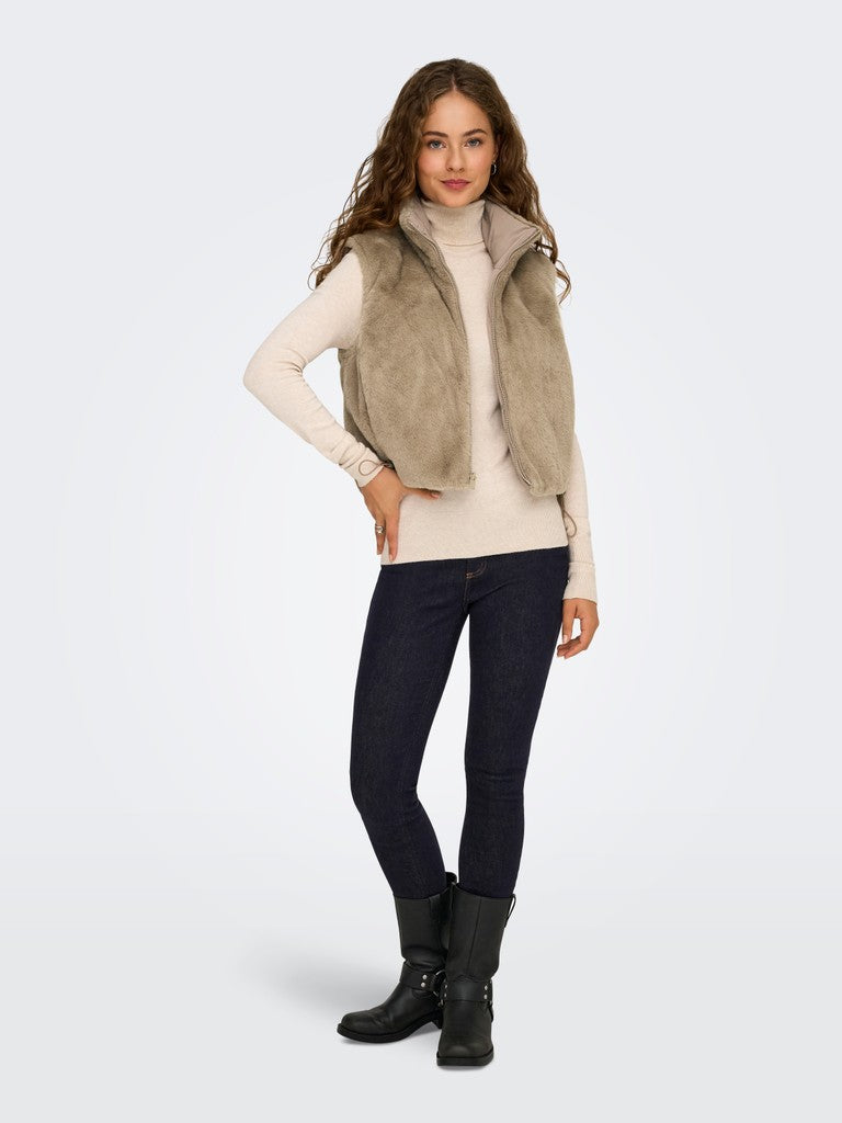 ONLY Dana Faux Fur Reversible Waist Coat | Silver Mink