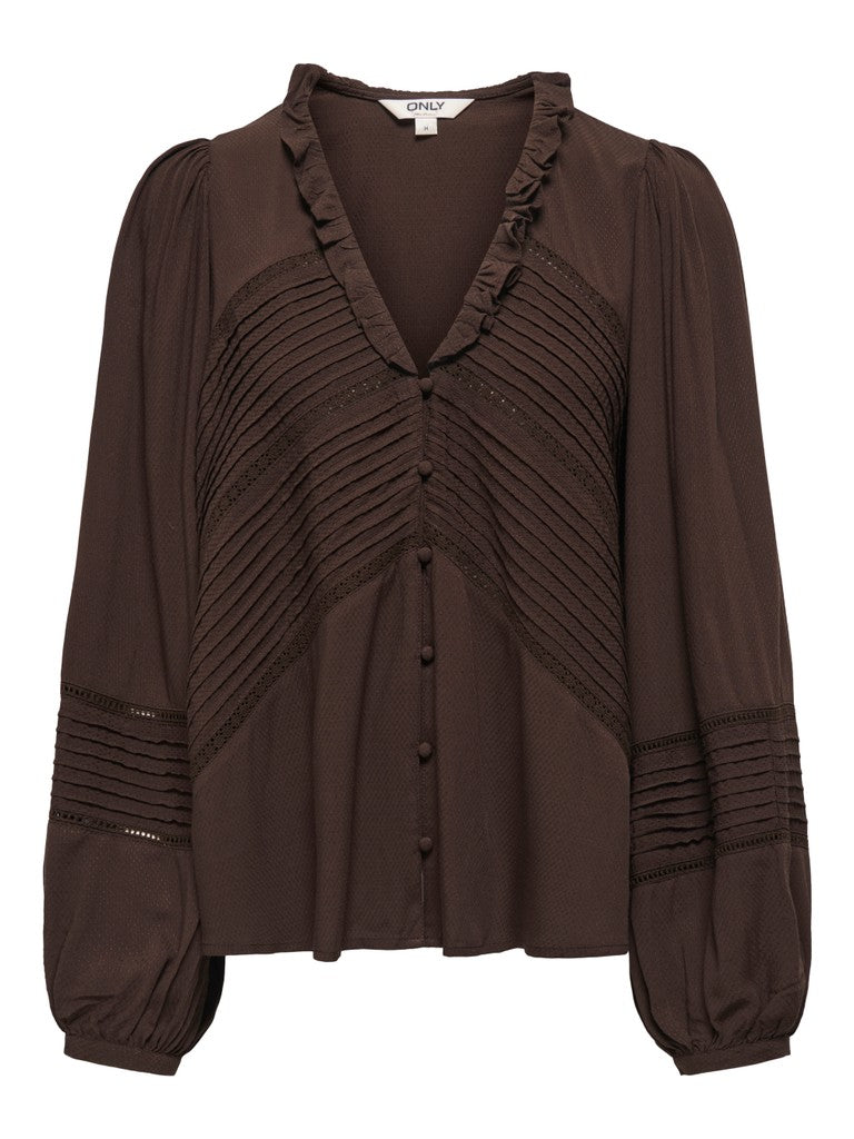 ONLY Eugina L/S V Neck Dobby Blouse | Caffee