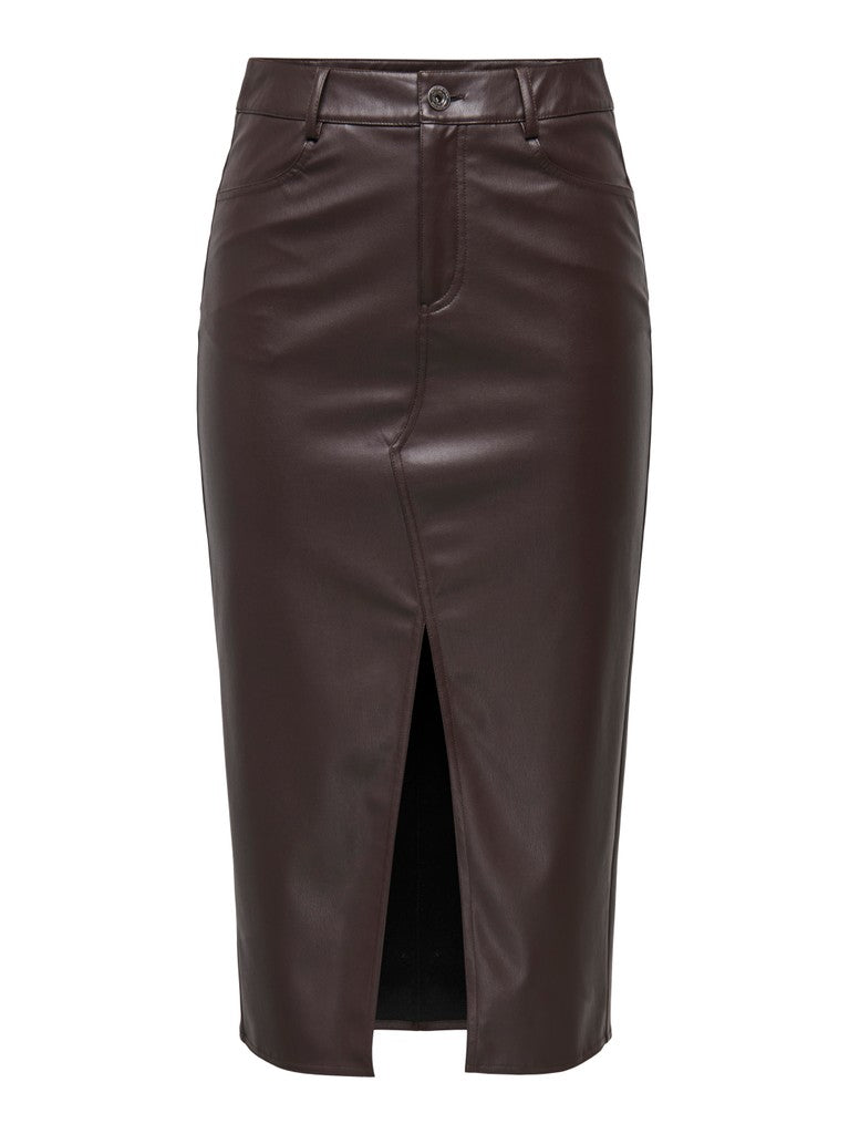 ONLY Bitten Faux Leath Pencil Skirt | Chocolate
