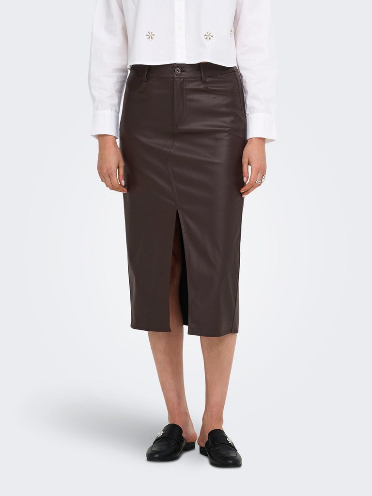 ONLY Bitten Faux Leath Pencil Skirt | Chocolate