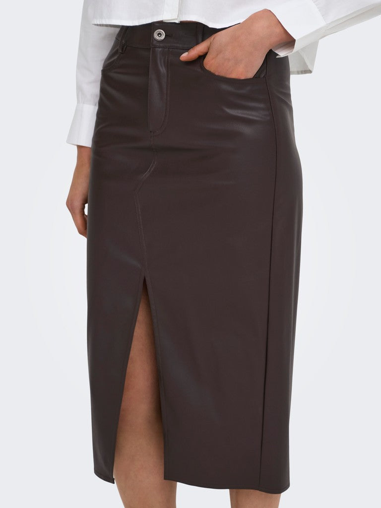 ONLY Bitten Faux Leath Pencil Skirt | Chocolate