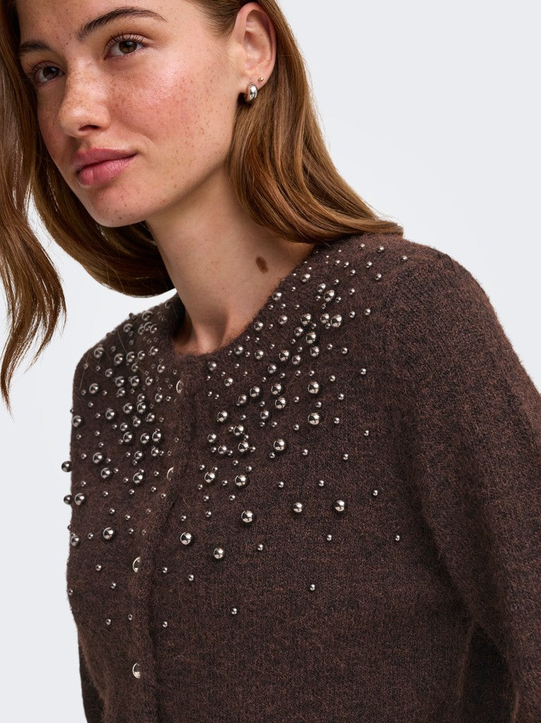 Only Miggie LS O-Neck Pearl Cardigan | Coffee