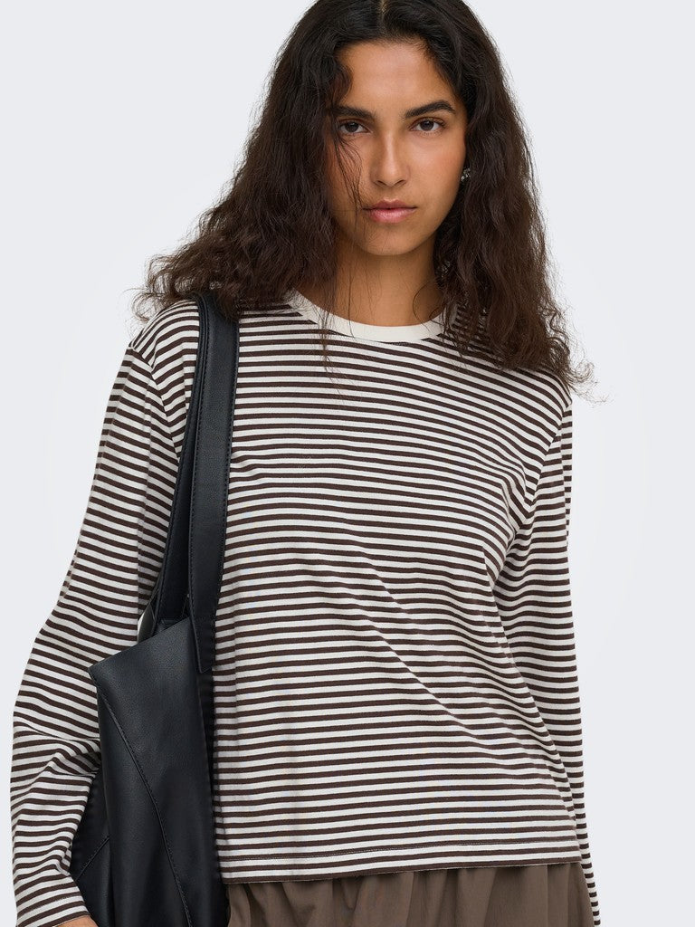 ONLY Freja Stripe L/S Wide Sleeve Top | Brown / Cream