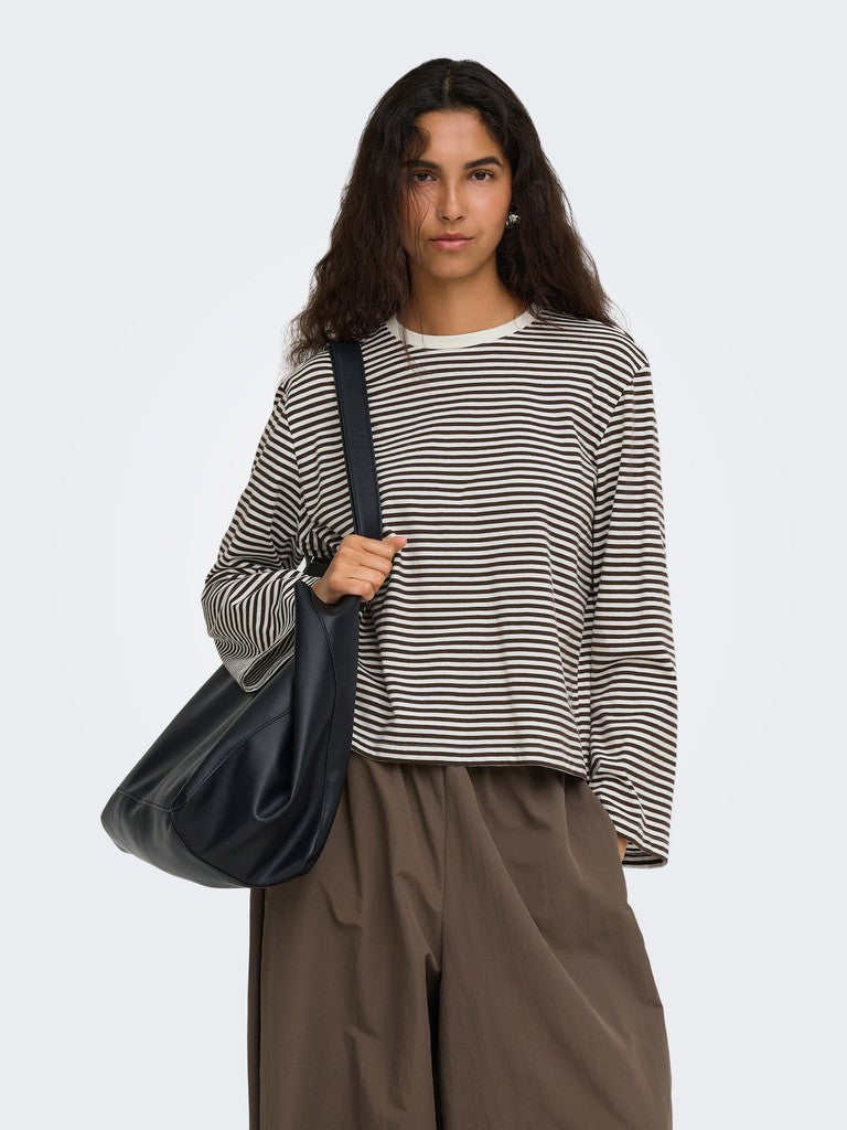 ONLY Freja Stripe L/S Wide Sleeve Top | Brown / Cream