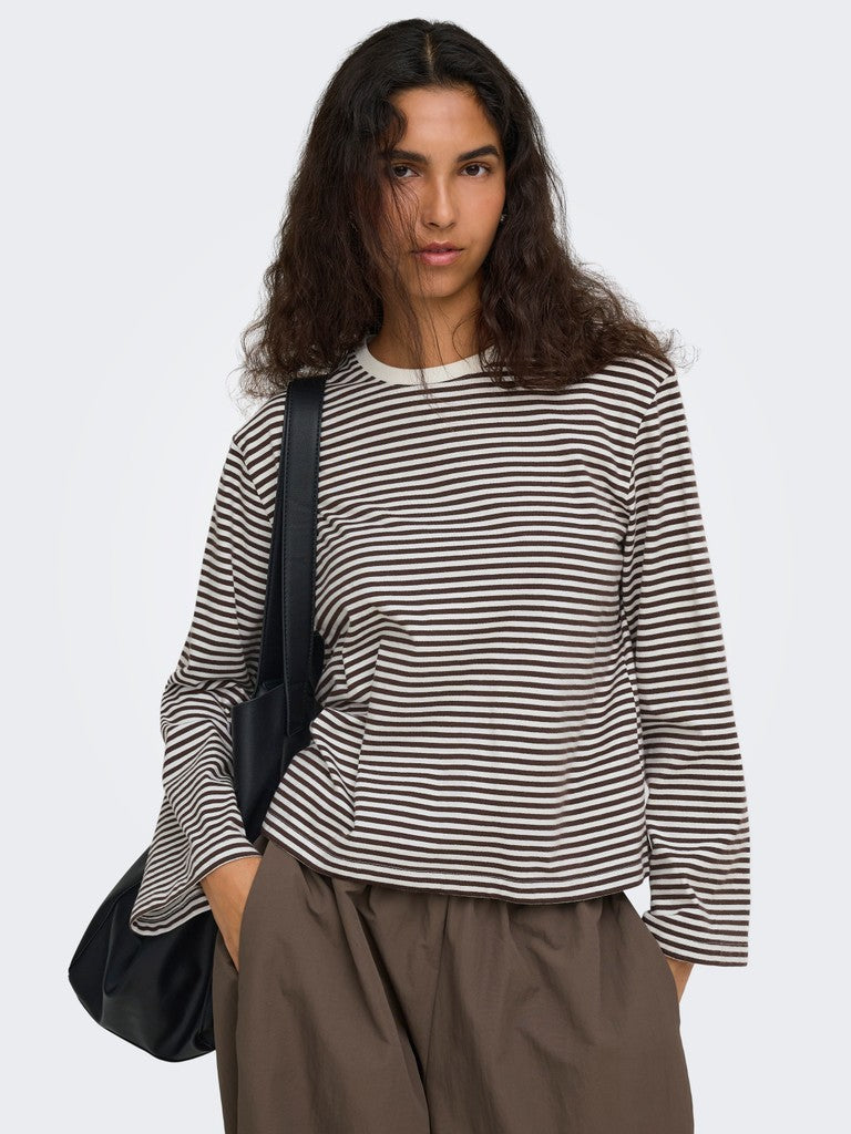 ONLY Freja Stripe L/S Wide Sleeve Top | Brown / Cream