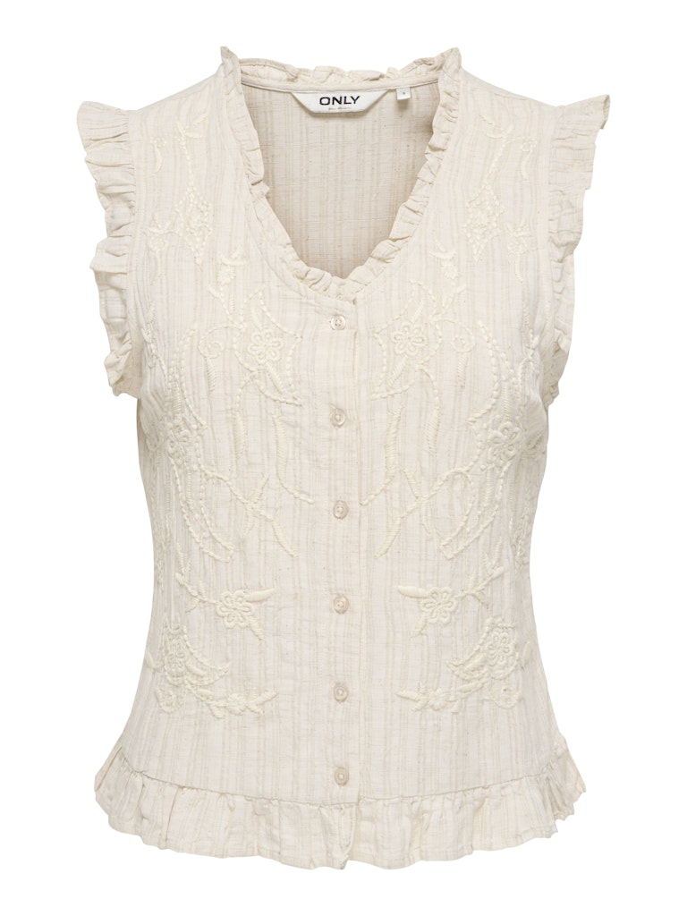 ONLY Ellys S/L Frill Embroidered Top | Pumice Stone