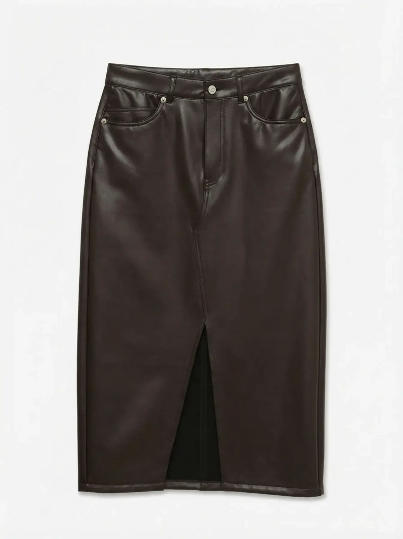 Vero Moda Veri Faux Leather Midi Pencil Skirt | Chocolate