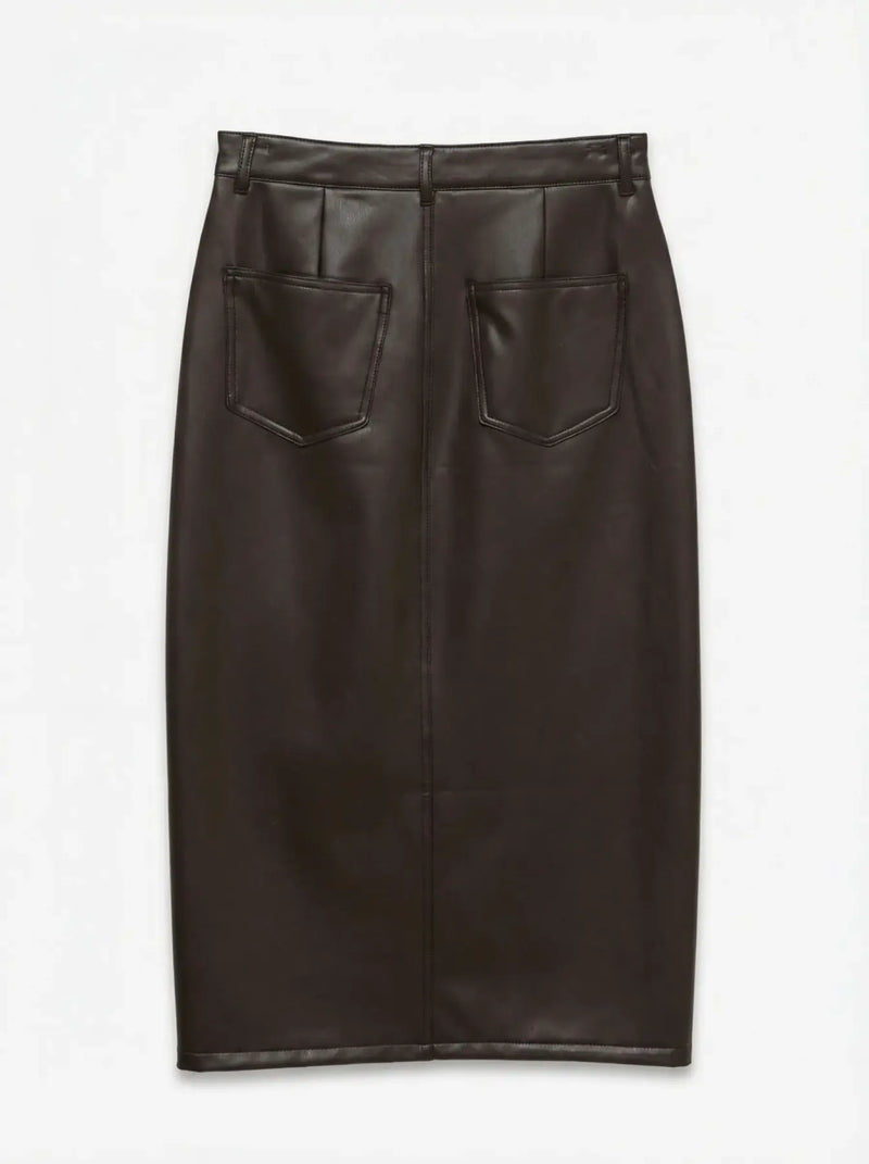 Vero Moda Veri Faux Leather Midi Pencil Skirt | Chocolate