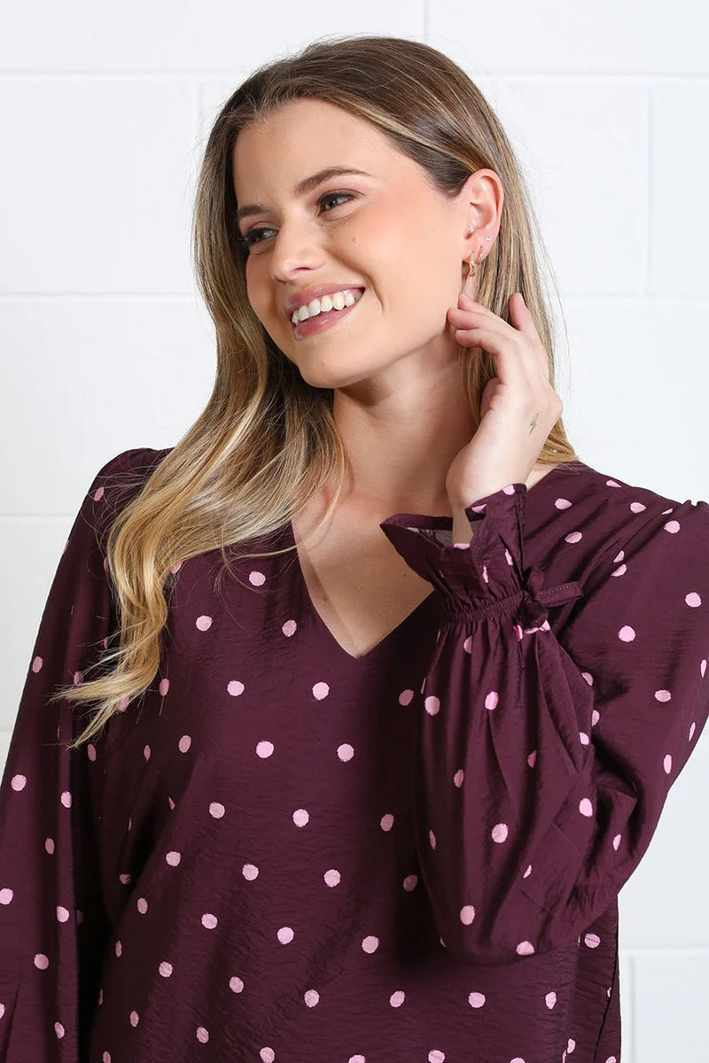 Rant & Rave Sophia Polka Dot Top | Burgundy RR44-Q35