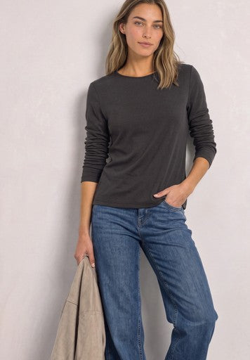 Street One Fine Ribbed Shirt with Satin Colar | Coffee 326119