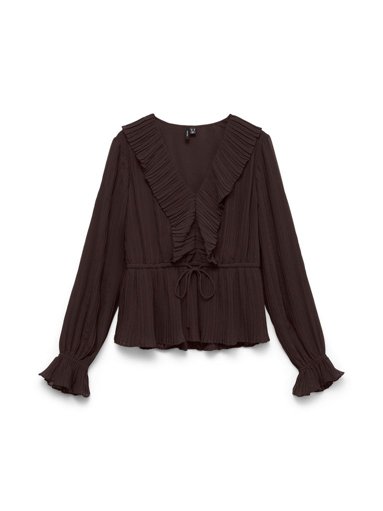 Vero Moda Dora L/S Frill Pleat Top | Chocolate
