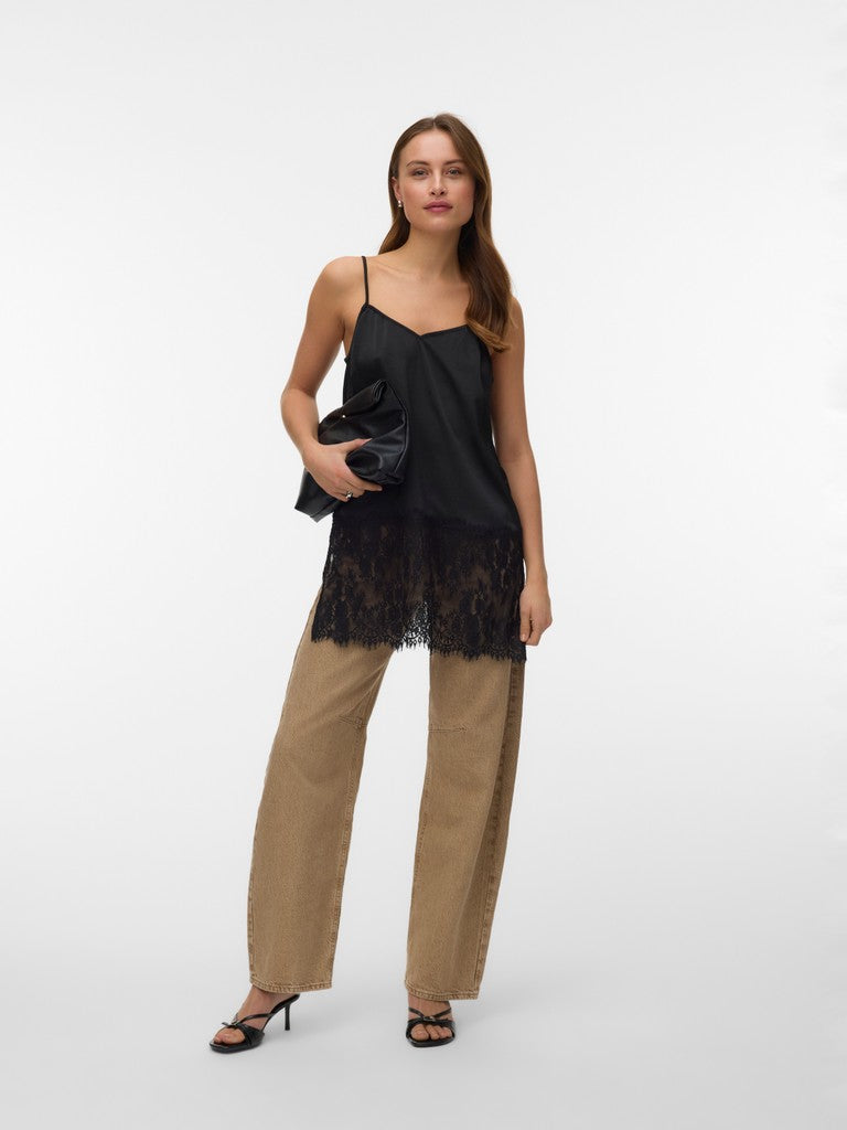 Vero Moda Ollie Lace Long Singlet Top | Black