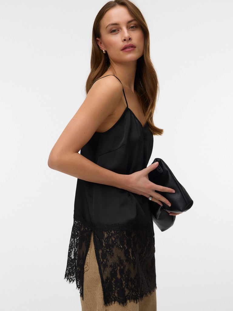 Vero Moda Ollie Lace Long Singlet Top | Black