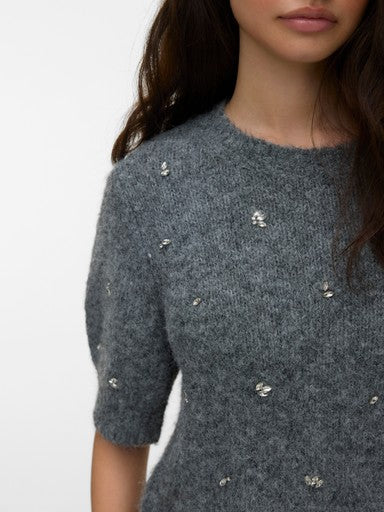Vero Moda Claire Round Neck Embellished Pullover | Dark Grey 10352442