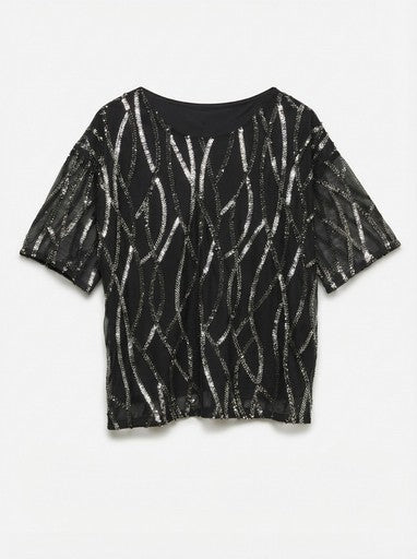 Vero Moda Chiara Short Sleeve Round Neck Sequined Top | Black 10352987