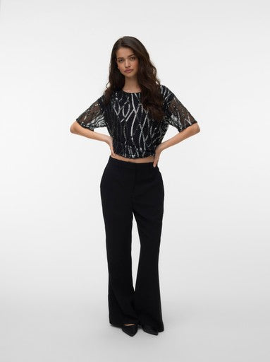 Vero Moda Chiara Short Sleeve Round Neck Sequined Top | Black 10352987