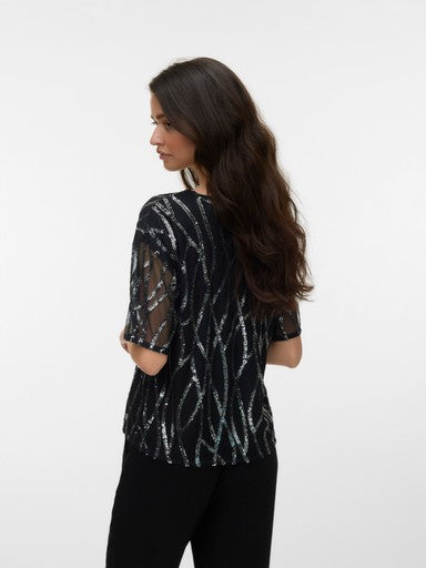 Vero Moda Chiara Short Sleeve Round Neck Sequined Top | Black 10352987