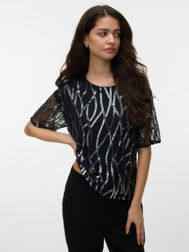 Vero Moda Chiara Short Sleeve Round Neck Sequined Top | Black 10352987