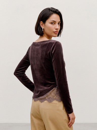 Vero Moda Rikke Long Sleeve Boatneck Lace Mix Top | Chocolate 10355055