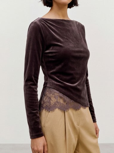 Vero Moda Rikke Long Sleeve Boatneck Lace Mix Top | Chocolate 10355055