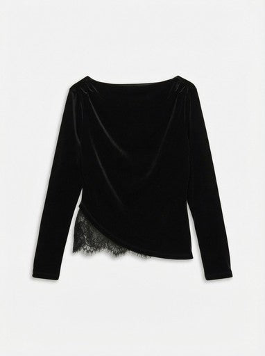 Vero Moda Rikke Long Sleeve Boatneck Lace Mix Top | Black 10355055