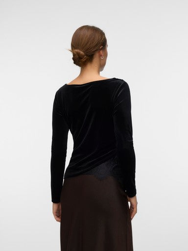 Vero Moda Rikke Long Sleeve Boatneck Lace Mix Top | Black 10355055