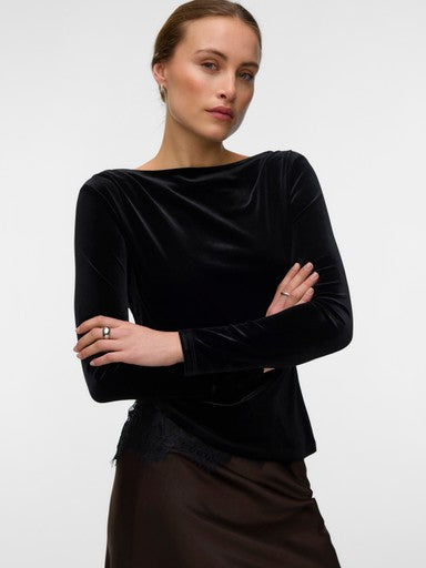 Vero Moda Rikke Long Sleeve Boatneck Lace Mix Top | Black 10355055