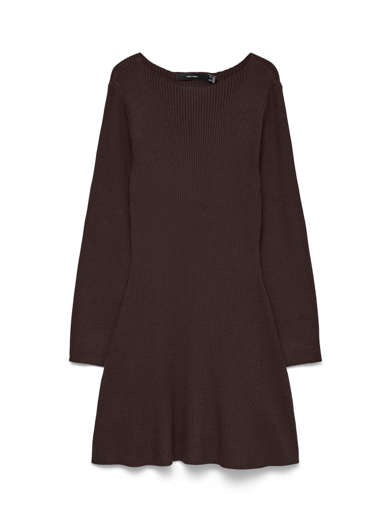 Vero Moda Gold Lux Rib LS Short Boat Neck Knitted Mini Dress | Chocolate