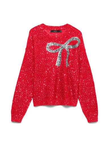 Vero Moda Glitter Bow Long Sleeve Pullover | Red 10347068