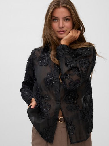 Vero Moda Nora Long Sleeve 3D Flower Shirt | Black 10356526