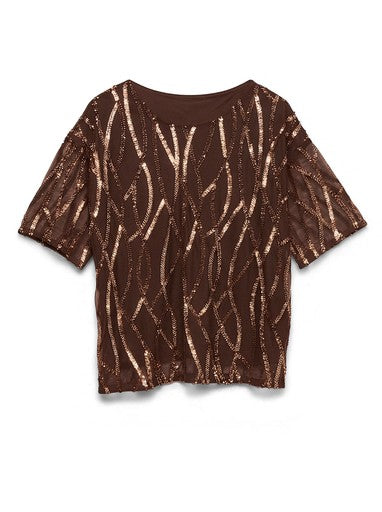 Vero Moda Chiara Short Sleeve Round Neck Sequined Top | Chocolate 10352987