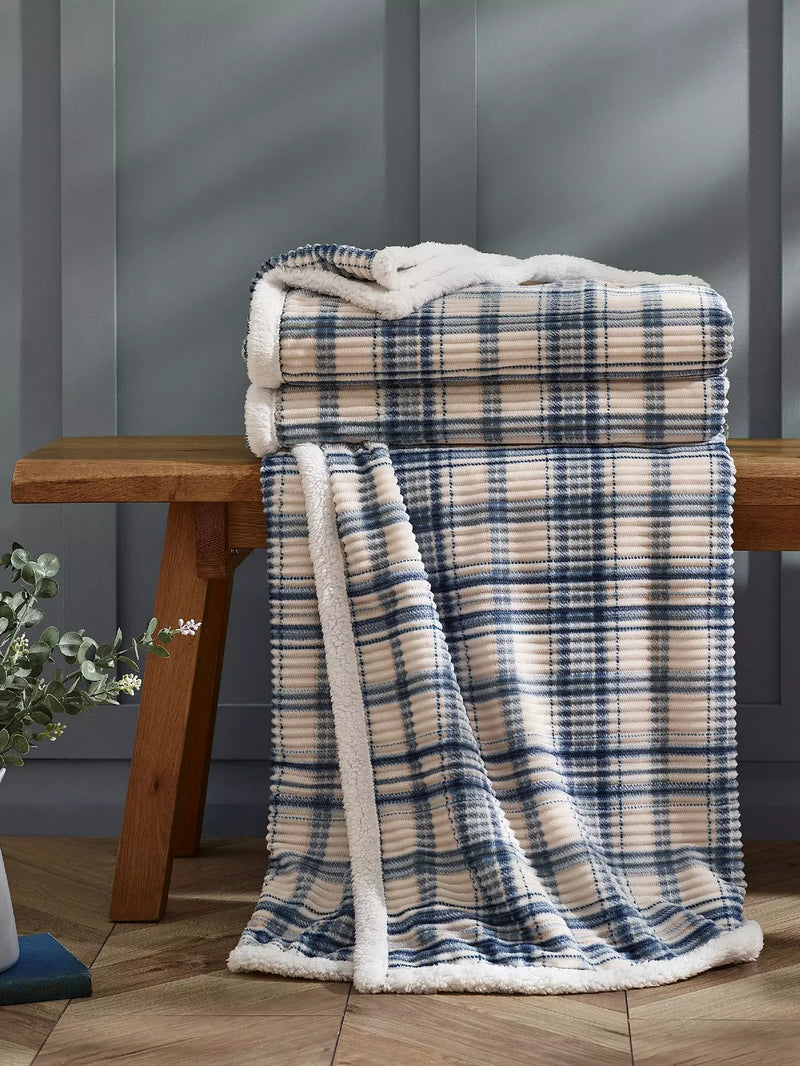 Catherine Lansfield Cosy Ribbed Check Sherpa Throw | Blue