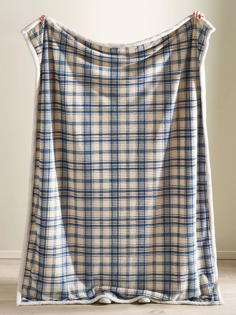 Catherine Lansfield Cosy Ribbed Check Sherpa Throw | Blue