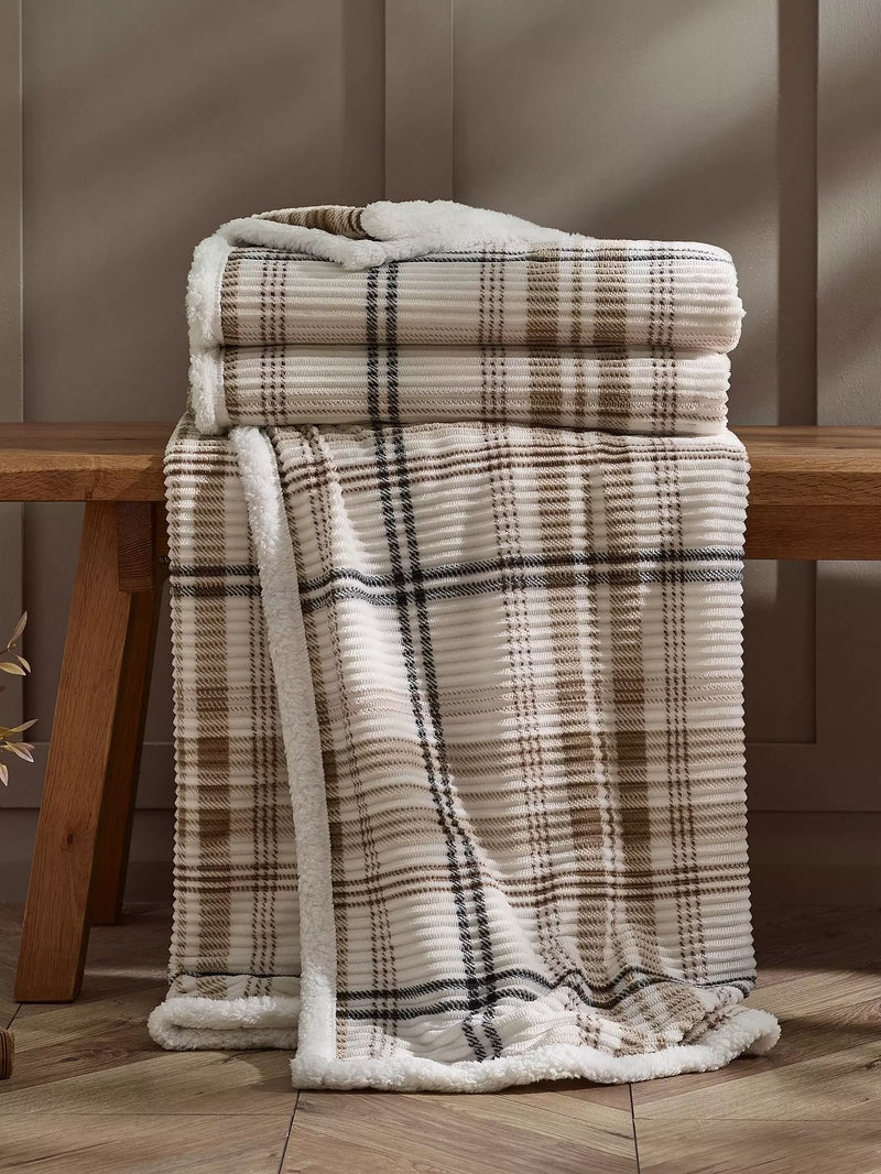 Catherine Lansfield Cosy Ribbed Check Sherpa Throw | Natural