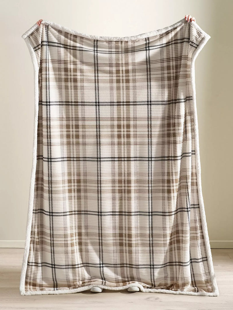 Catherine Lansfield Cosy Ribbed Check Sherpa Throw | Natural