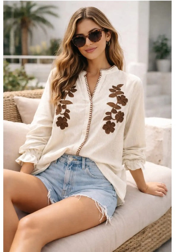 Emma & Ashley Floral Embroidered Flowing Shirt | Beige CH-164-MA1